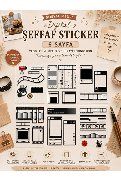 Sosyal Medya Dijital Şeffaf Sticker 6 Sayfa Film Vlog Reels Scrapbook Etiket