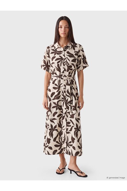 Original Patterned Linen Blend Shirt Dress