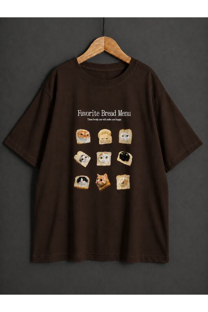 Unisex Cat and Bread Printed Oversize T-Shirt