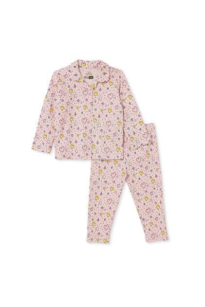 HelloBaby Kız Bebek Pijama Takımı Kalp Baskılı Düğmeli Gömlek Yaka Uzun Kol Reçme