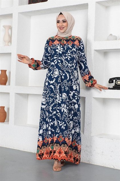 A Pile Model Hijab Dress Dark Blue