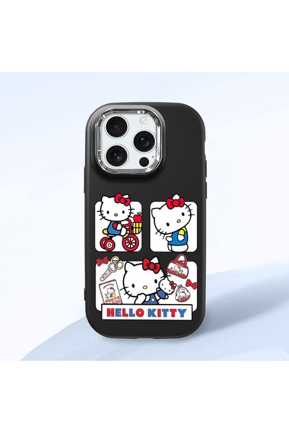 iPhone 16 Pro Max Compatible Case with Camera Protector Black Silicone Couple Phone Case with Kitty Pattern