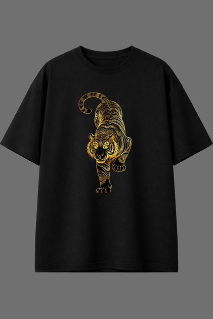 Yellow Tiger Design Front Printed Black Oversize T-Shirt