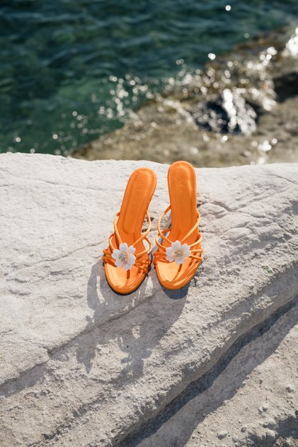 Women's Orange Satin Strap Heel Slippers
