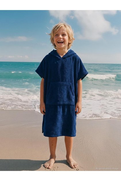 Long Bathrobe for 6-9 Years Old - Navy Blue
