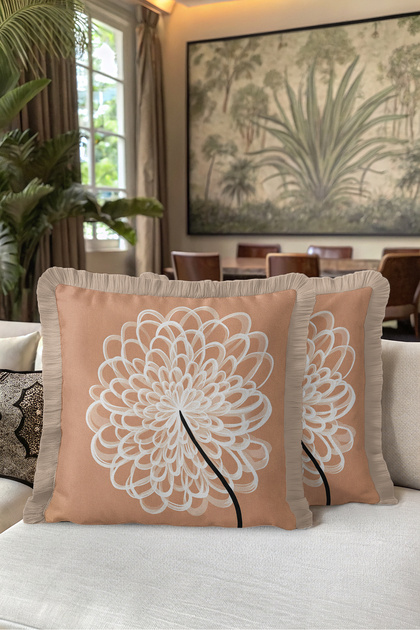 Elegant Fringed Pillowcase with Floral Pattern - Abstract Floral Bohemian Beige Mink Tassel Throw Pillow Cover