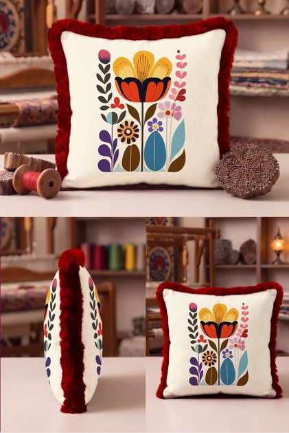 Retro Floral Nordic Botanical Design Fringed Pillowcase-Garden Burgundy Tassel Throw Pillow Cover