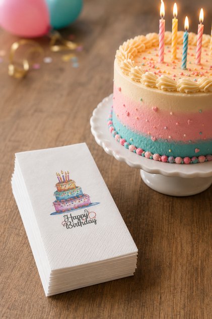 Happy Birthday Doğum Günü Pasta Desenli Dekoratif Baskılı Lüks Sunum Peçetesi | 4 Adet (çift katlı)