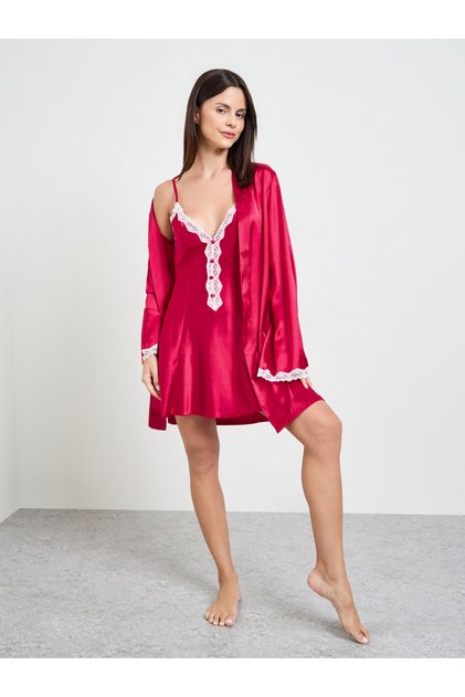 Red Lace Trim Slip And Robe Set