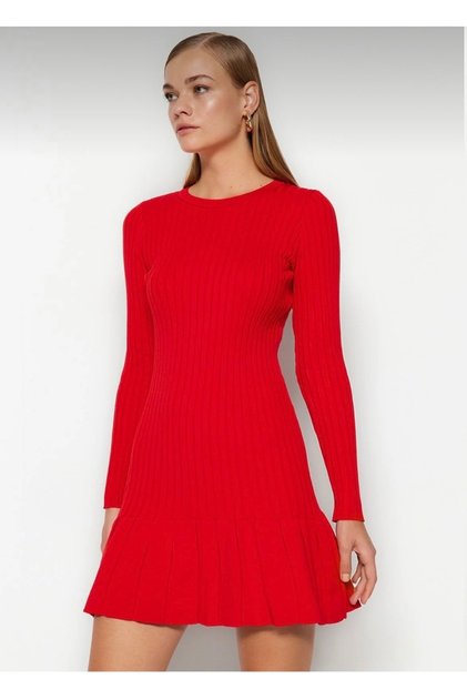 Knitwear Above the Knee Short Dress Stretchy Comfortable Pleated Ribbed Detail Hn1461