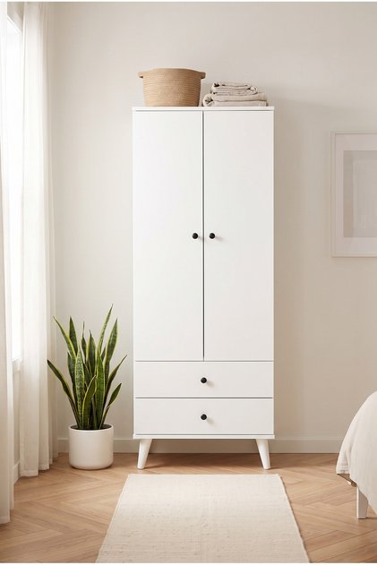 Gardırop 2 Kapaklı 2 Çekmeceli Askılıklı Yatak Odası Elbise Dolabı Beyaz 60 Cm