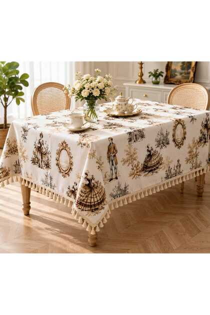 French Castle Patterned Tasseled Duck Fabric Tablecloth