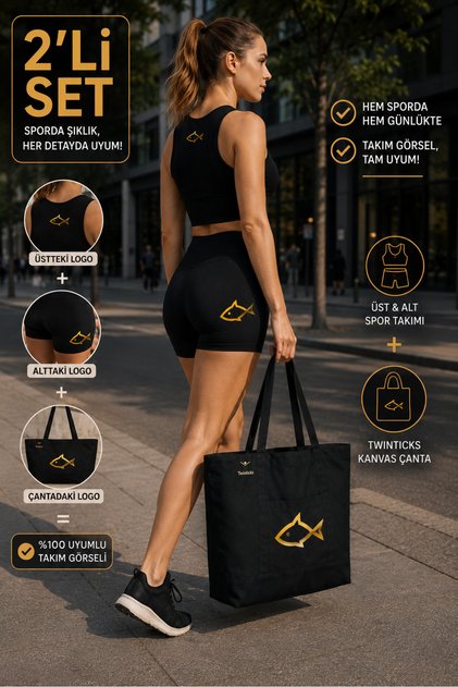 Women's Black 2-Piece Leggings Set and Canvas Bag Set High Waist Shorts Crop Tank Top Casual Fitness Yoga Combination