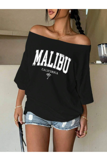 Women's Malibu Printed Boat Neck Off Shoulder 100% Cotton T-Shirt