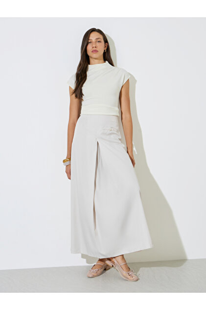 Beige Solid Pleated A-Line Maxi Skirt
