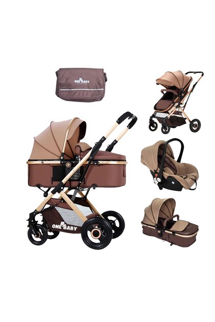 Carucior pentru copii 3 in 1 ONEBABY, Gold, Cu suspensii, Geanta bebe, Landou reversibil, Scaun auto, Salteluta moale, Varsta 0 - 36 luni