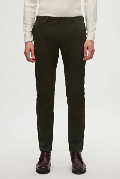 Slim Fit Haki Düz Pamuklu Likralı Chino Pantolon