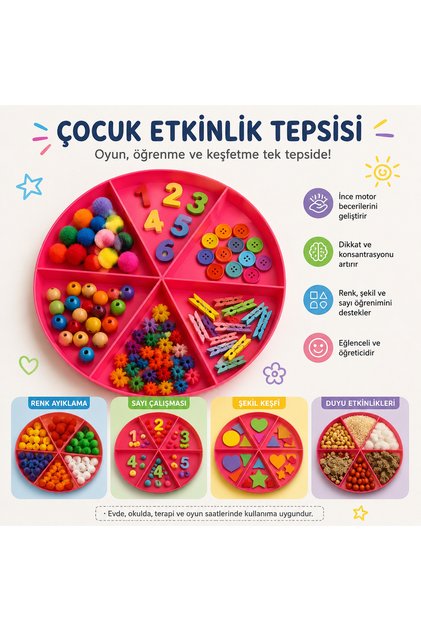 6 Bölmeli Duyusal Oyun ve Aktivite Tepsisi - Montessori Eğitici Materyal (Pembe) - Kopya