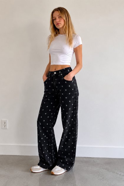 Women's High Waist Polka Dot Wide Leg Jeans