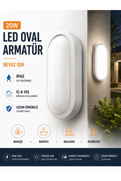 20W Oval LED Armatür Beyaz Işık IP65 Nem ve Suya Dayanıklı Duvar Aydınlatma İç Dış Mekan Banyo Balkon Bahçe Koridor
