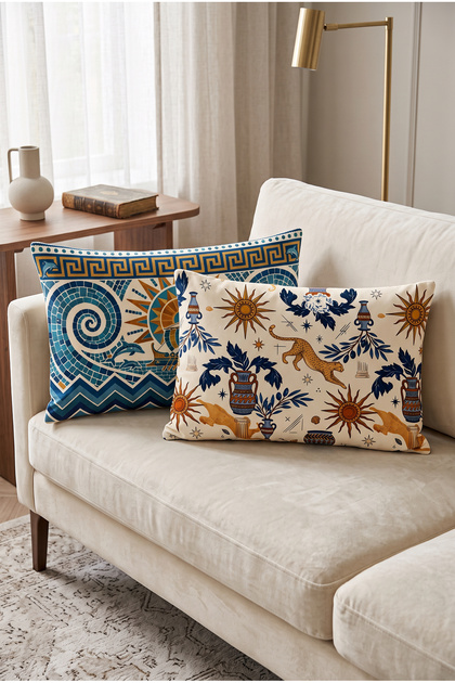 Antique Aegean Blue Yellow Summer Themed 2-Piece Throw Pillow Cover