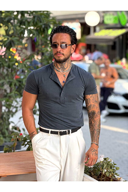Yakası Düğmeli Slim Kalıp Modal T-Shirt