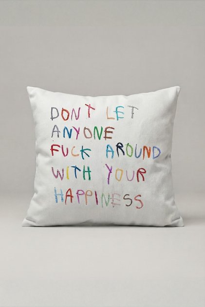 Renkli El Yazılı Mutluluk Mesajlı Kırlent Kılıfı 224 – Happiness Rules Tasarım 45x45 cm