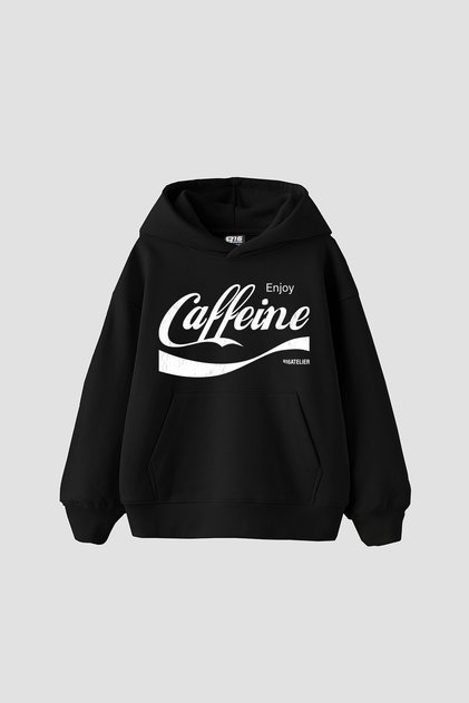 Caffeine Printed Oversize Unisex Black Hoodie