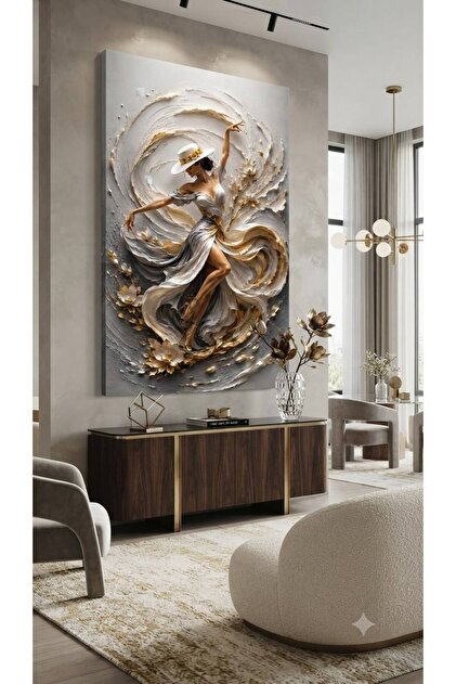Premium Modern Dekorasyon Kanvas Tablo Şapkalı Dans Eden Kadın Gümüş ve Altın - 3D Efektli Özel Tasarım