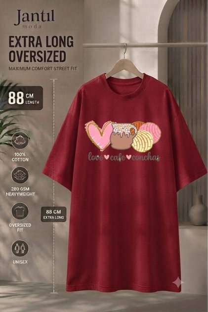 Crew Neck Love Cafe Conchas Written Heart Coffee and Bread Printed Extra Long Oversize Tunic T-Shirt Short Sleeve