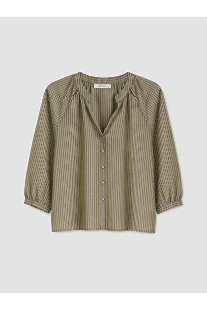 Lcw Vision Khaki Striped Gathered Collar Blouse