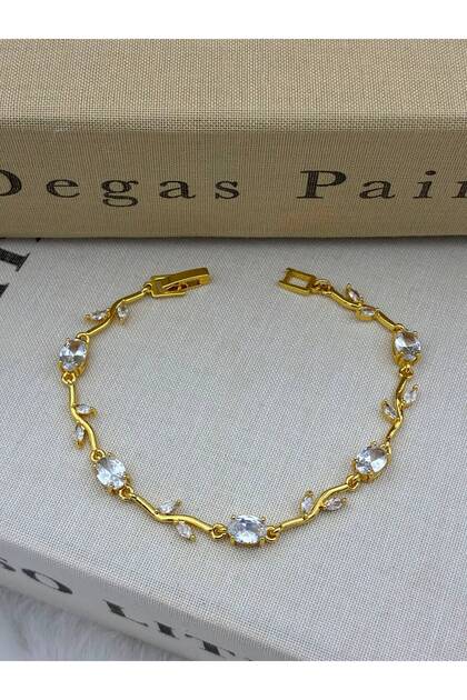 Gold Color Silver Zircon Stone Leaf Detailed Ivy Bracelet Cm137