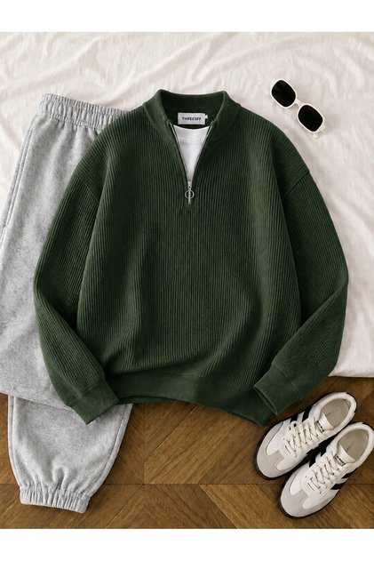 Men's Premium Ribbed Knit Sweater with Half Zipper, Comfortable Fit