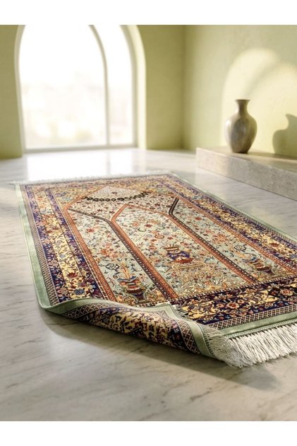 160 Tarak Bambu İpek İran Halı Seccade Yeşil (125x80 cm) - El İşçiliği Saçaklı Vazolu Desen