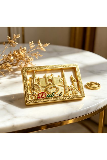 Premium Dubai Travel Souvenir Gift Idea, 3D Retro Alloy City Skyline Relief Fridge Decoration, Burj Khalifa and Palm Tree Motif, 4 Metallic Color Choices for Home Kitchen Decor.