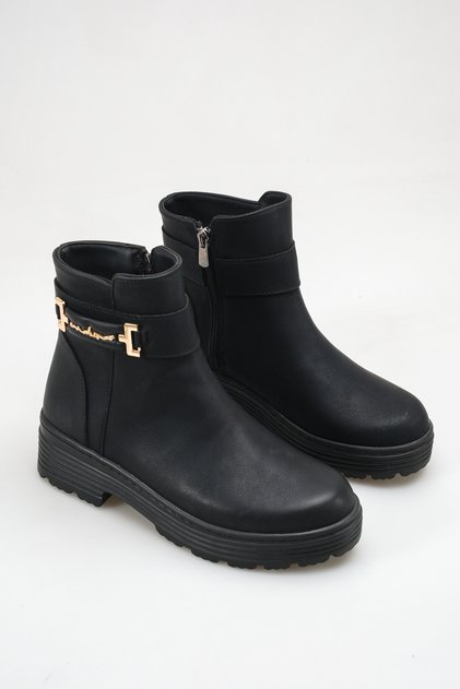 S200 Women's Black Gold Buckle Zippered Comfortable Sole Ankle Boots