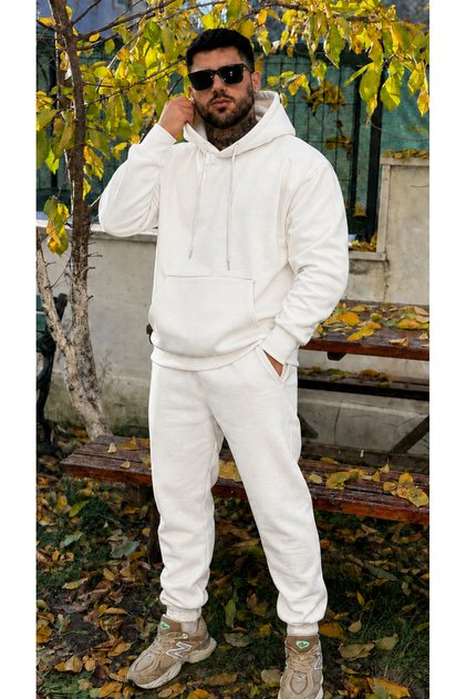 Erkek Kapşonlu 3 İplik Şardonlu Salaş Bol Hoodie Eşofman Takımı