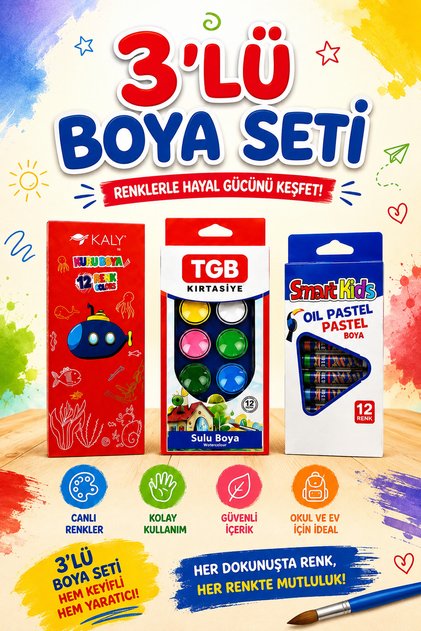 3-Piece Paint Set (12-Piece Dry Paint-Watercolor-Pastel Paint)