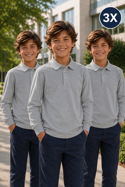 3-Pack Premium School Polo Collar 100% Cotton Boys' School T-Shirt Long Sleeve 8-16 Years | Children's School Uniform Polo Collar Basic T-Shirt Unisex Long Sleeve Soft Textured Breathable Fabric