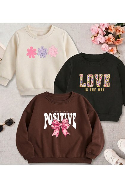 Love Printed Set of 3 Mixed Girls' Sweatshirts