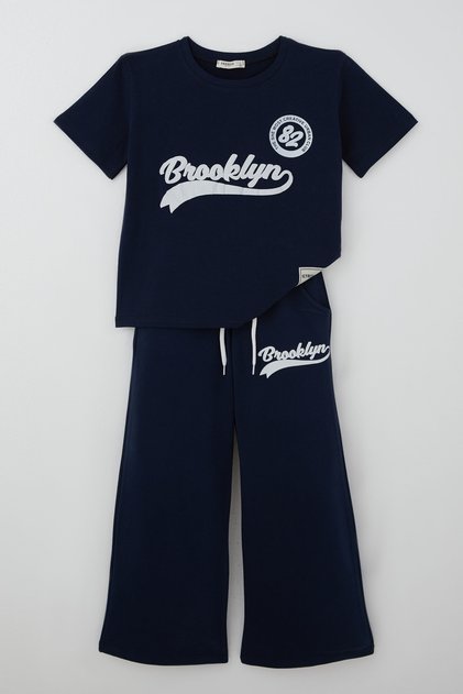 Girl's Trouser Suit Brooklyn Letter Printed Lace-Up 8-14 Years, Navy Blue