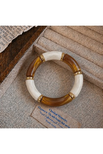 Cream Brown Bone Marble Patterned Gold Spacer Bohemian Vintage Thick Elastic Women's Bracelet Zarax Model