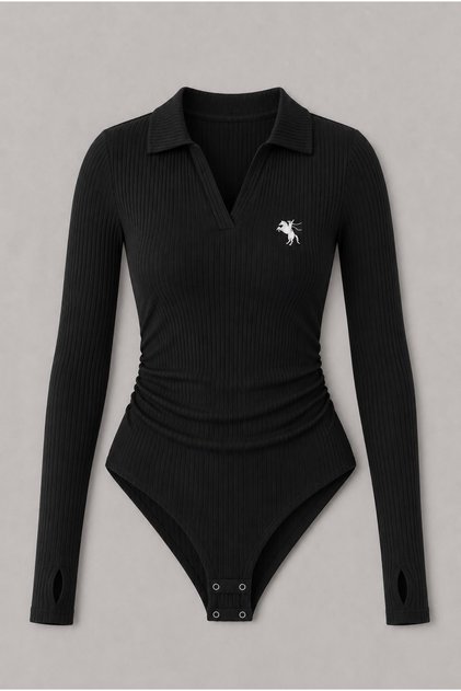Bluză tip body cu guler polo, broderie și detaliu cu șnur pringetat la degete