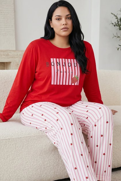 Red Patterned Cotton Lycra Large Size Oversized Knitted Pajama Set26240906