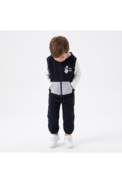 HelloBaby Erkek Bebek Eşofman Takımı Ayı Baskılı Fermuarlı Bisiklet Yaka Long Sleeve Ribanalı