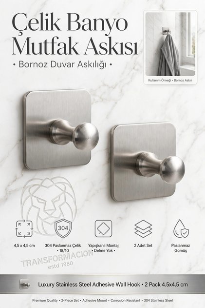 3lü Set 304 Paslanmaz Çelik Yapışkanlı Banyo Havluluk Mutfak Askısı Gümüş Bornoz Duvar Askılığı 4,5x4,5 cm 723452