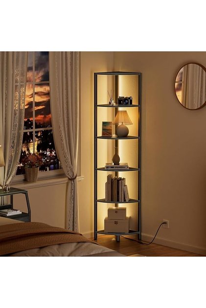 رف زاوية من 6 طبقات مع مصابيح LED من يانارا، رف كتب طويل قائم | إطار معدني أسود مع أرفف خشبية؛ ينظم