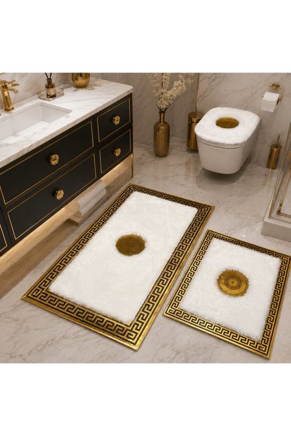 3'lü Lüks Banyo Paspas Takımı Gold 60x100 / 50x60 / 42x45 cm Klozet Kapağı Aksesuarlı