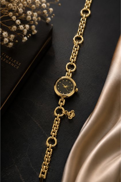 Kadın Siyah Kadranlı Gold Renk Zincir Kordonlu Zarif Analog Kol Saati ⌚✨