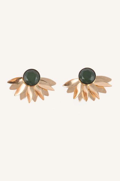 Women's Dark Stone Leaf Motif Earrings I1589Axns